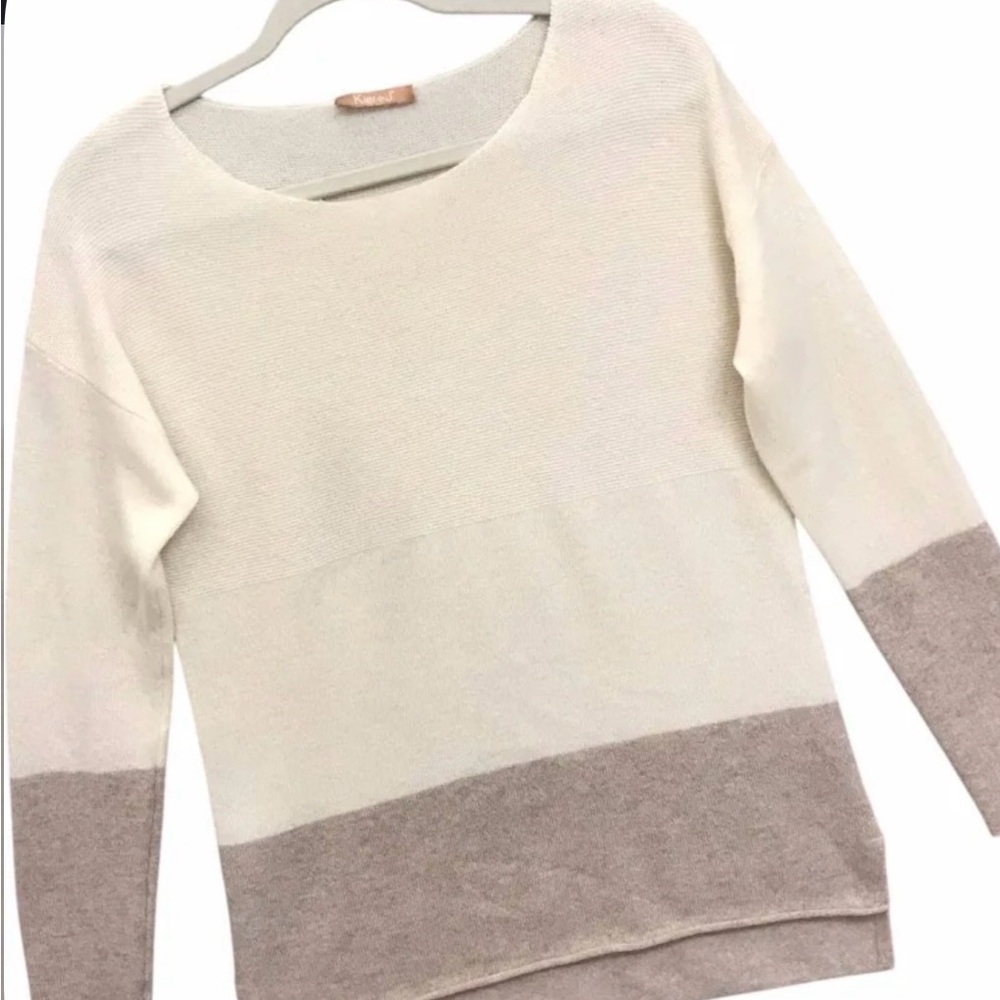 Kier + J Colorblock Cream and Tan 100% Cashmere Sweater Size Small